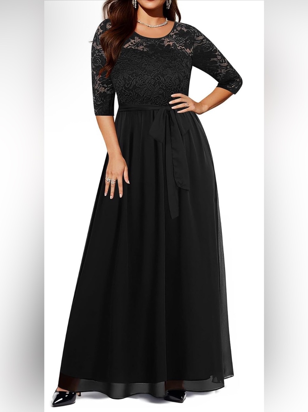 Plus Size Formal Dresses - Women Evening Gown Lace 3/4 Sleeve Wedding Bridesmaid